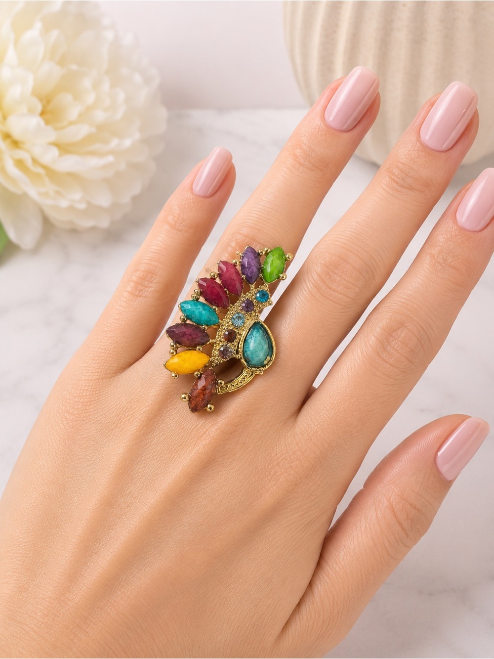 Vintage Adjustable Multicolor Rhinestone Cocktail Statement Ring